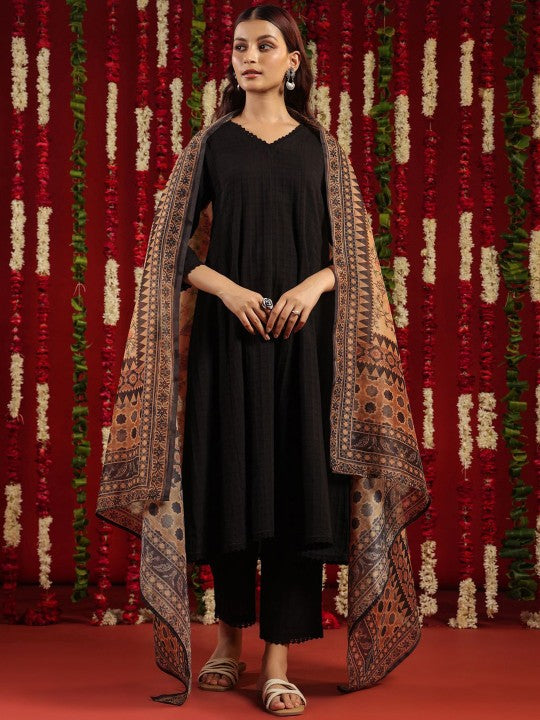 Black & Orange Self Design V-Neck Cotton Anarkali Kurta with Trousers & Dupatta-1