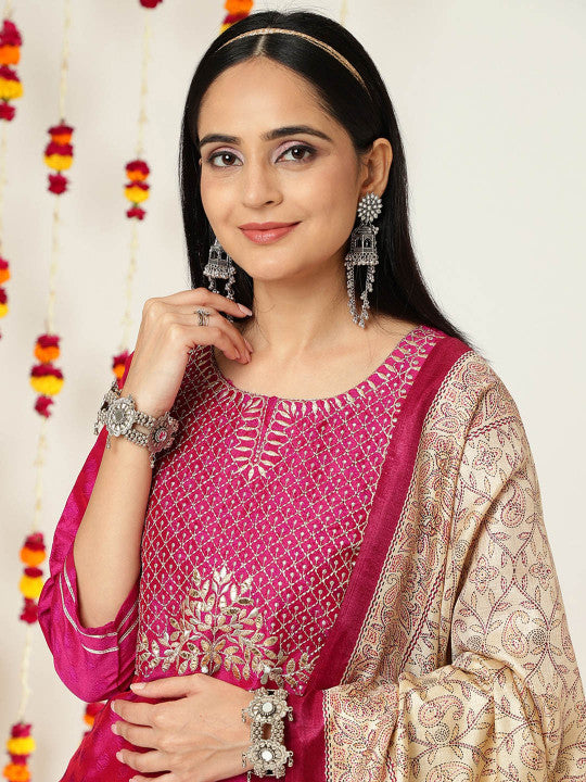 Purple Geometric Woven Design Thread Work Jacquard Kurta with Trousers & Dupatta-12