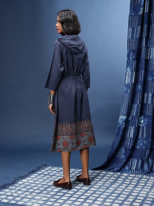 Printed Hooded Tie-Ups Ajrakh A-Line Dress-4