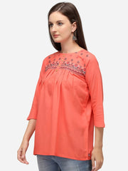 Women Peach-Colour Embroidered Straight Tunic