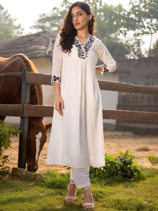 Floral Embroidered V-Neck A-Line Pure Cotton Kurta WIth Trousers-2