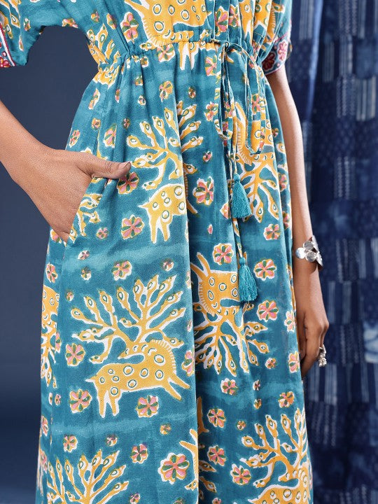 Pure Cotton Printed Tie Up Waist A-Line Sanganeri Ethnic Dress With Side Slit