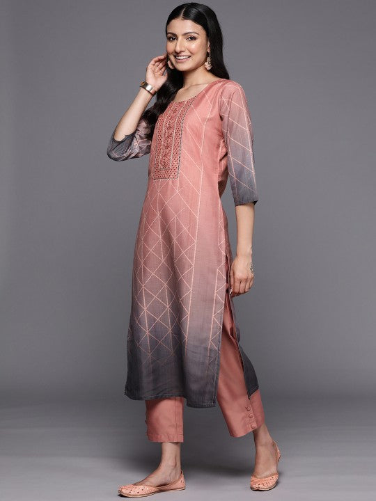 Women Peach-Coloured Floral Yoke Design Thread Work Kurta with Trousers & With Dupatta-3