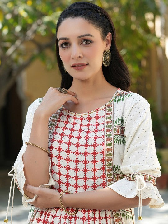 Women Cream-Coloured & Maroon Checked Maxi Dress-3