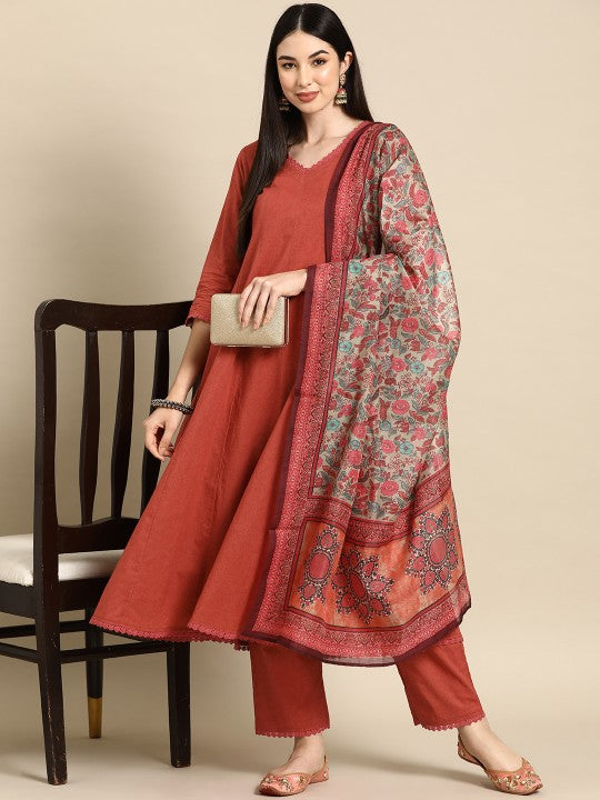 Anarkali Pure Cotton Kurta With Trousers & Dupatta-1