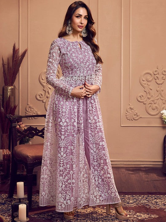 Floral Embroidered Keyhole Neck Long Sleeve High Slit Thread Work Kurta Set-5