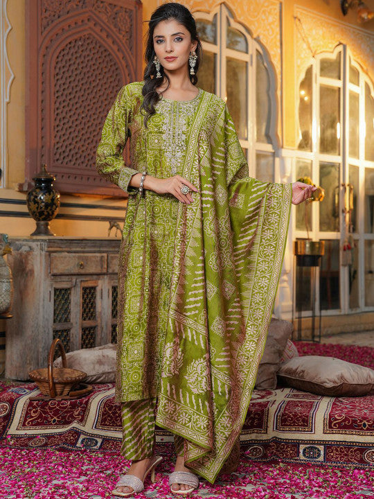 Ethnic Motifs Printed Thread Work Straight Kurta With Trouser & Dupatta-9