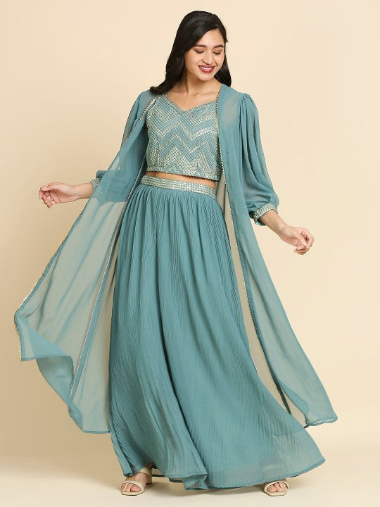 Teal & Gold-Toned Embellished Ready to Wear Lehenga Choli with Jacket-1