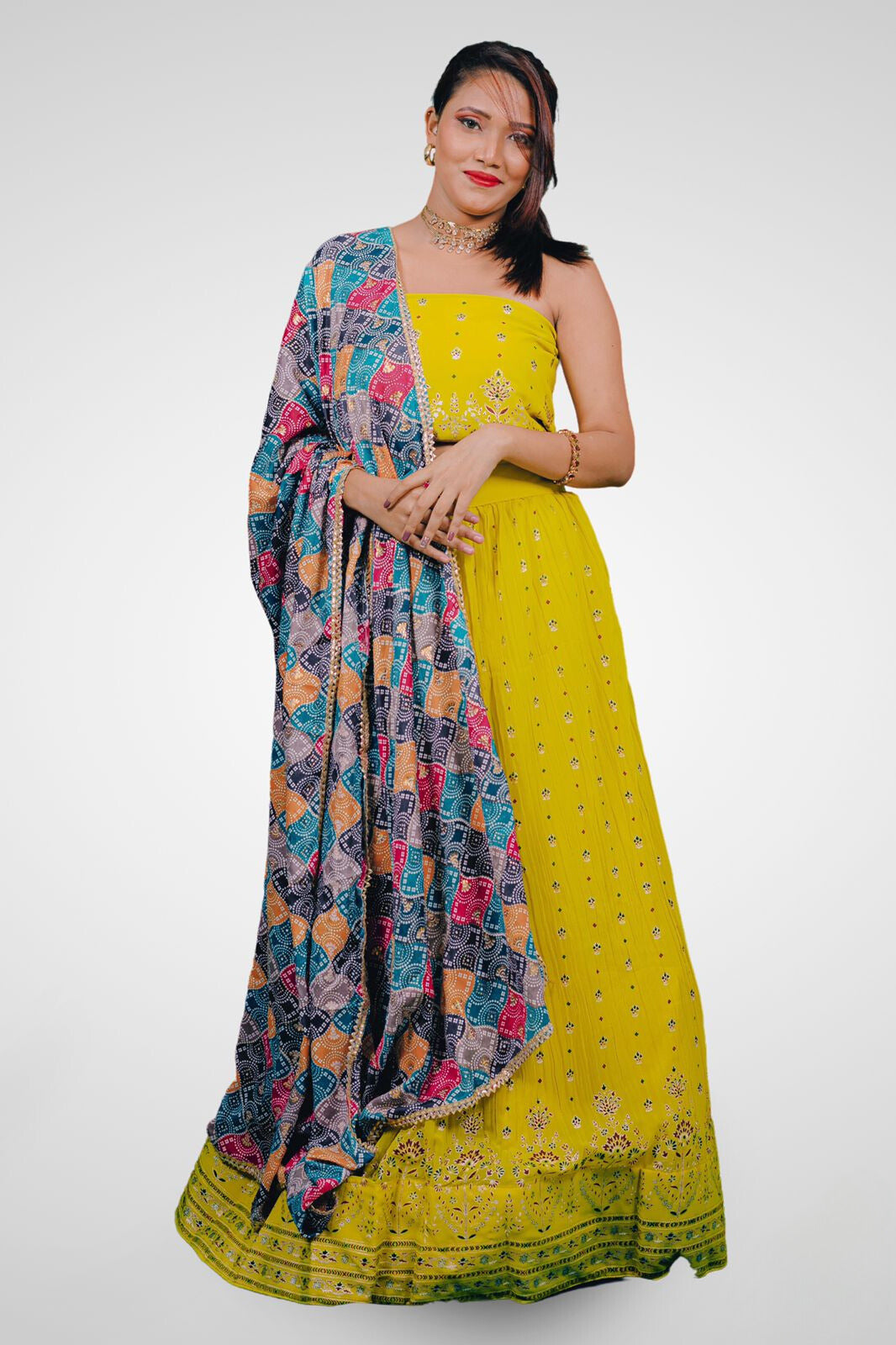 Multicolor Vibrant Semi Stitched Floral Design Lehenga Cholis-1