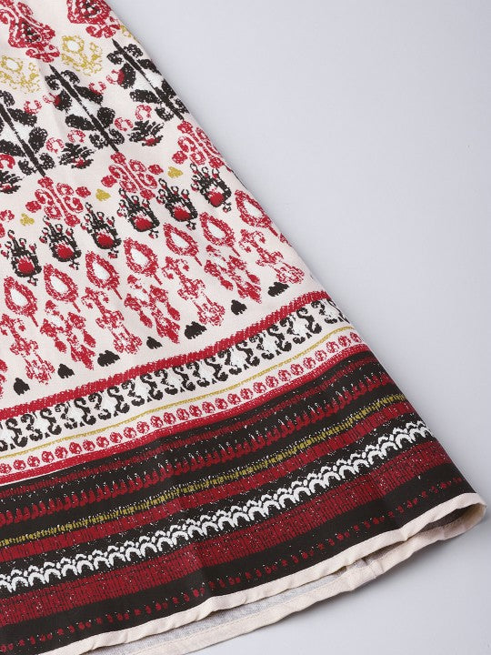 Cream-Coloured & Red Printed Flared Maxi Skirt-7