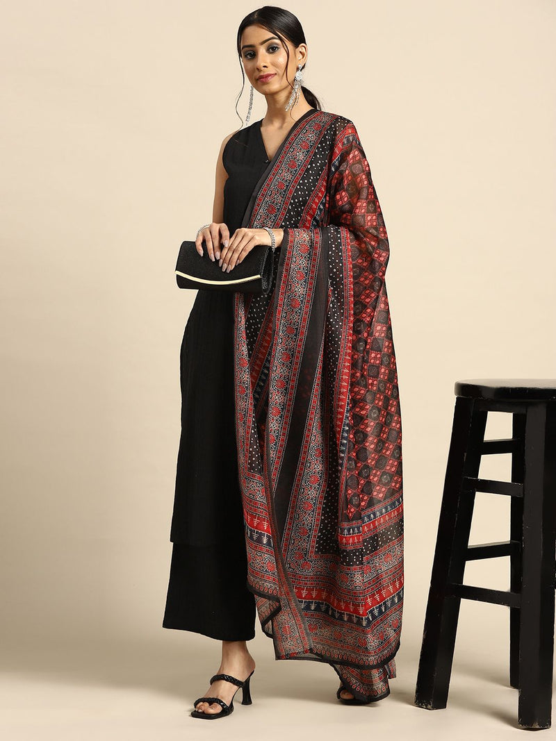 Women Black Ethnic Motifs Pure Cotton Kurta with Palazzos & Dupatta-1