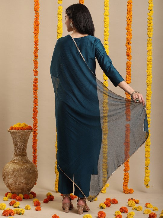 Ethnic Motifs Embroidered Round Neck Straight Kurta With Trouser And Dupatta