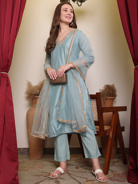 Floral Woven Design V-Neck Straight Kurta With Trouser & Dupatta-8