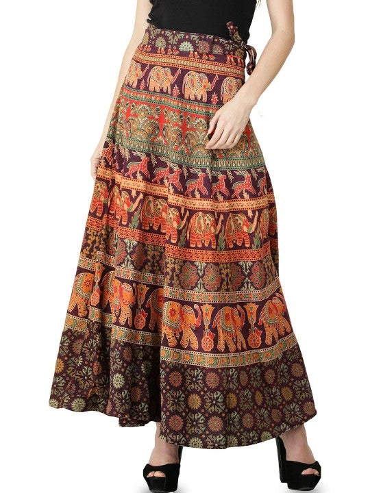 Amaranth Wrap-Around Long Skirt with Printed Elephants and Deer