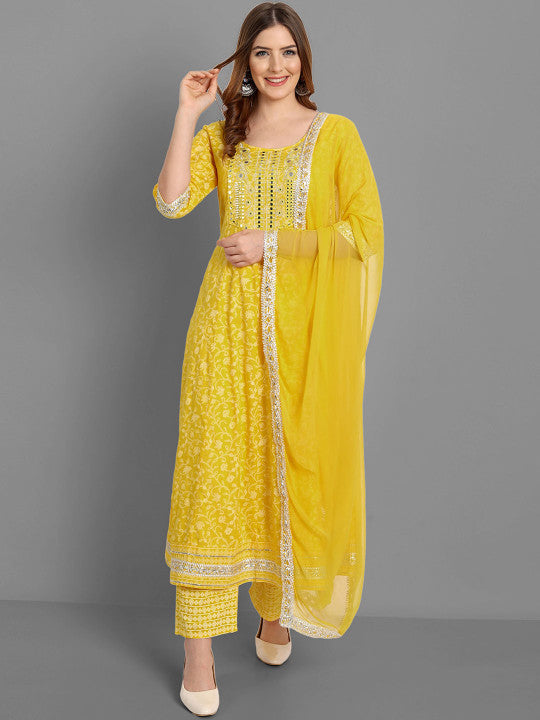 Floral Printed Mirror Work Anarkali Kurta & Trousers With Dupatta-9