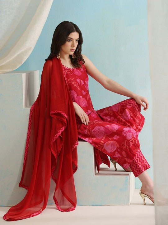 Floral Printed Straight Kurta with Trousers & Dupatta-1