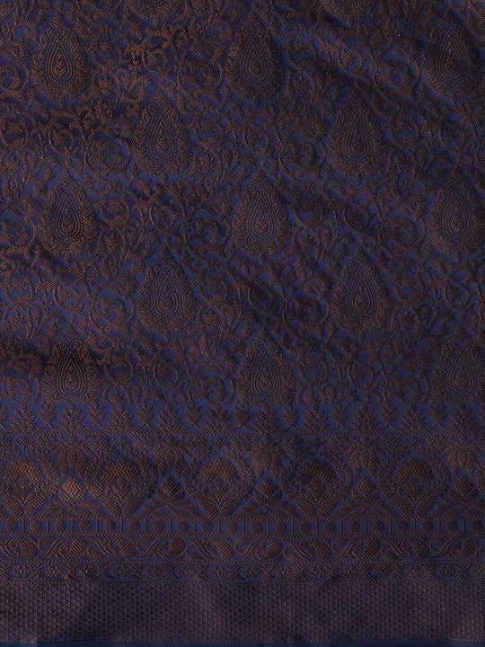 Navy Blue & Gold-Toned Woven Design Zari Silk Blend Banarasi Sarees-5