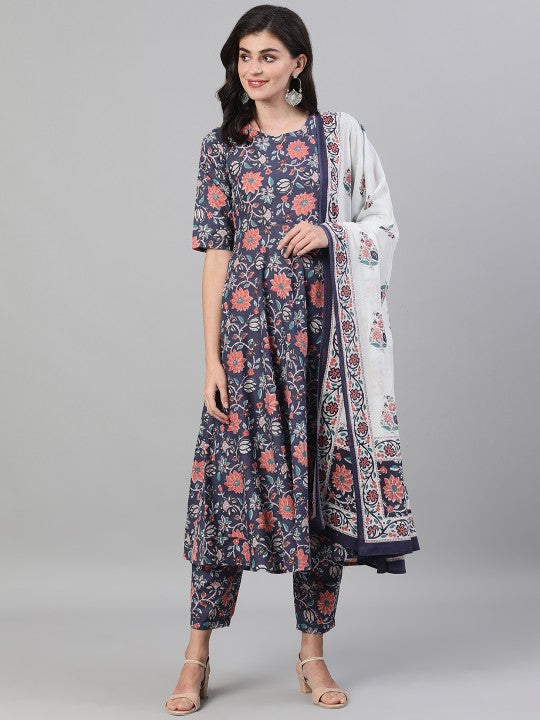 Women Red Floral Printed Kurta With Trouser & Dupatta-1