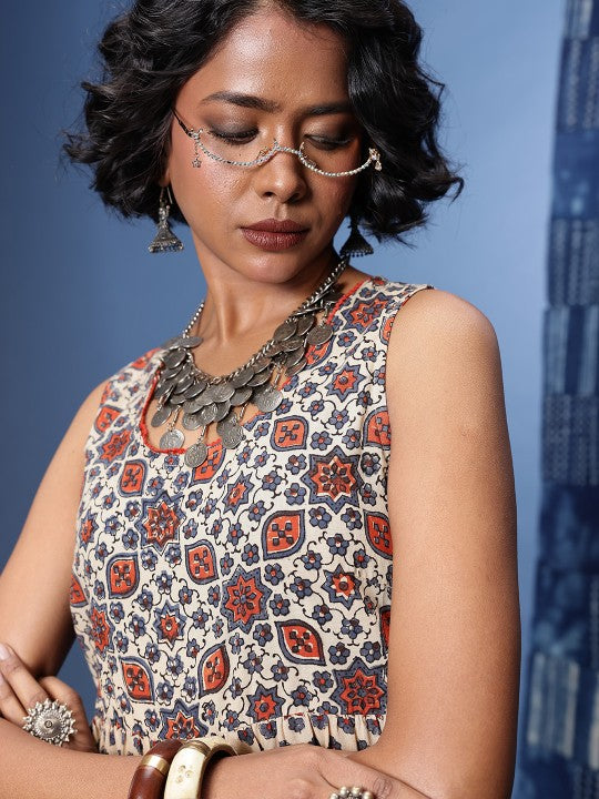 Floral Printed Gathered or Pleated Bagru A-Line Ethnic Dresses-3