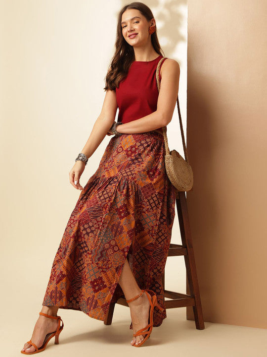 Maroon Boat Neck Sleeveless Pure Cotton Crop Top & Skirt