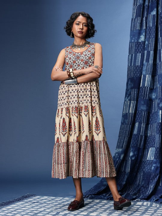 Floral Printed Gathered or Pleated Bagru A-Line Ethnic Dresses-1