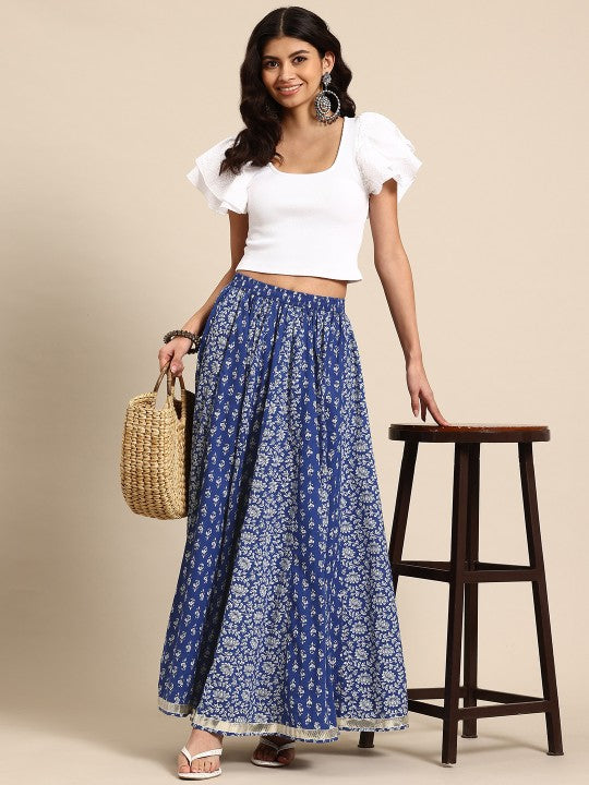Floral Printed Pure Cotton Flared Maxi Skirt-4