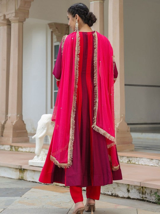 Ethnic Motifs Embroidered Zari Pure Silk Anarkali Kurta With Trouser & Dupatta