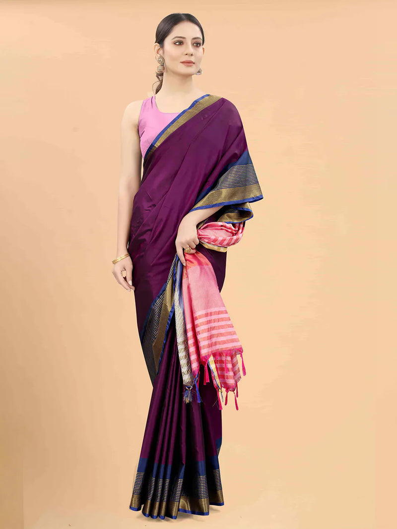 Purple & Pink Zari Art Silk Fusion Arani SareeSareeThe Arani saree exudes timeless elegance with its solid hue, making it perfect for traditional occasions. Ornamented with intricate Zari work along the borders, it ePurple & Pink Zari Art Silk Fusion Arani Saree