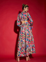 Blue Floral Printed Cut Out Crepe Maxi Dress