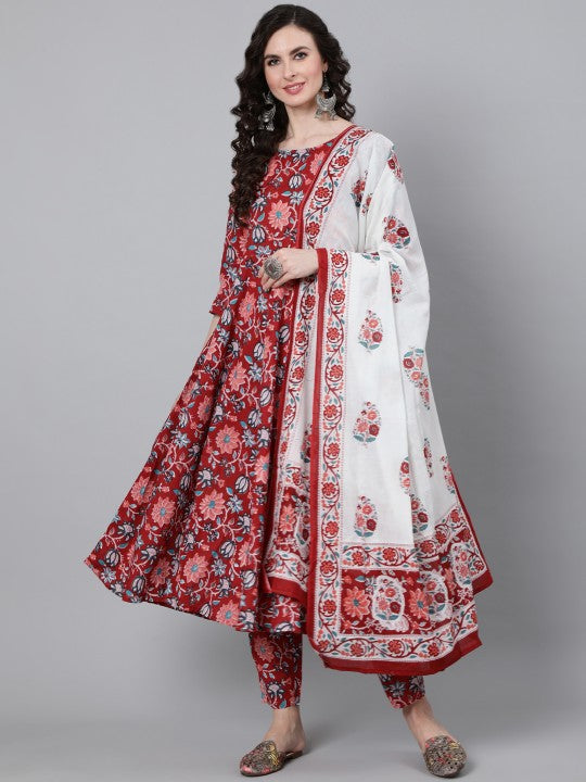 Women Red Floral Printed Kurta With Trouser & Dupatta-7