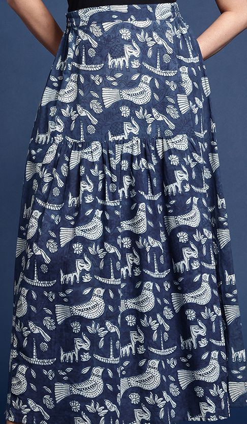 Women Ethnic Motifs Printed Pure Cotton Indigo Maxi Skirt-5