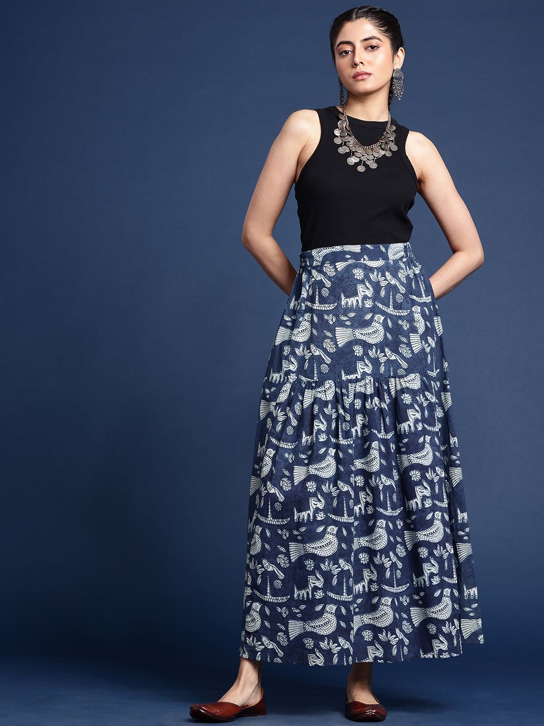 Women Ethnic Motifs Printed Pure Cotton Indigo Maxi Skirt-4