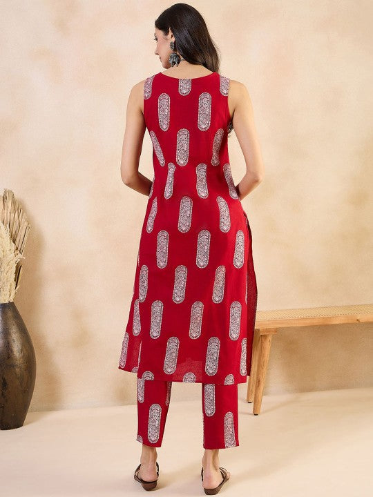 Ethnic Motifs Printed Boat Neck Regular Pure Cotton Straight Kurta With Trousers