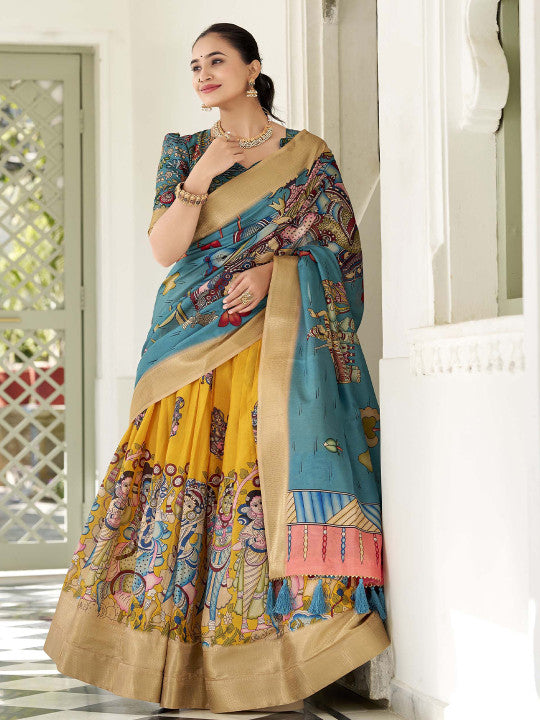 Kalamkari Printed Ready to Wear Lehenga & Unstitched Blouse With Dupatta