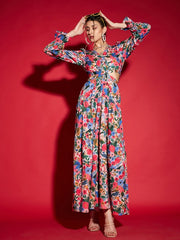 Blue Floral Printed Cut Out Crepe Maxi Dress
