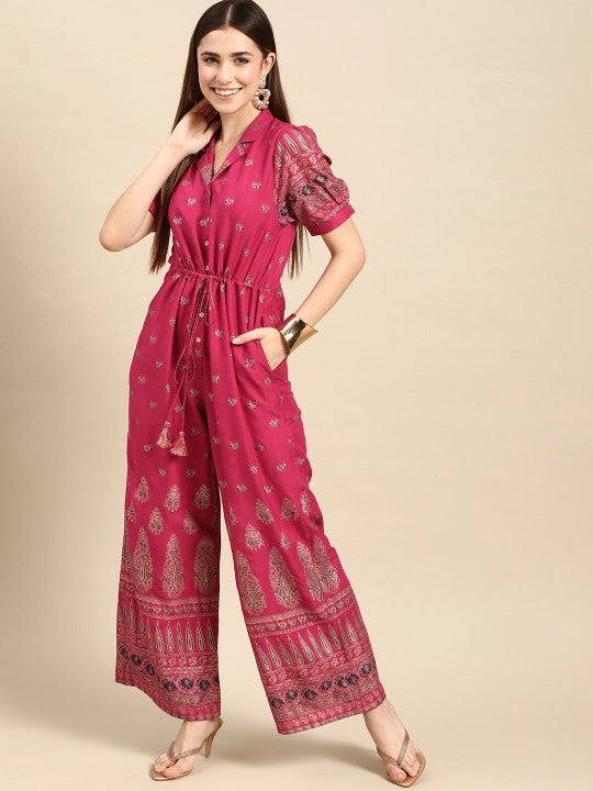 Women Pink & Golden Ethnic Motifs Printed Basic Jumpsuit-4
