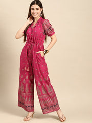 Women Pink & Golden Ethnic Motifs Printed Basic Jumpsuit