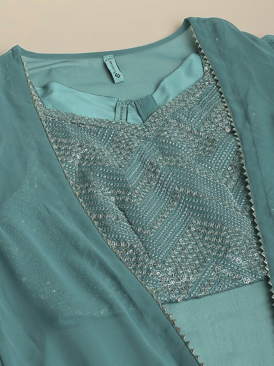 Teal & Gold-Toned Embellished Ready to Wear Lehenga Choli with Jacket