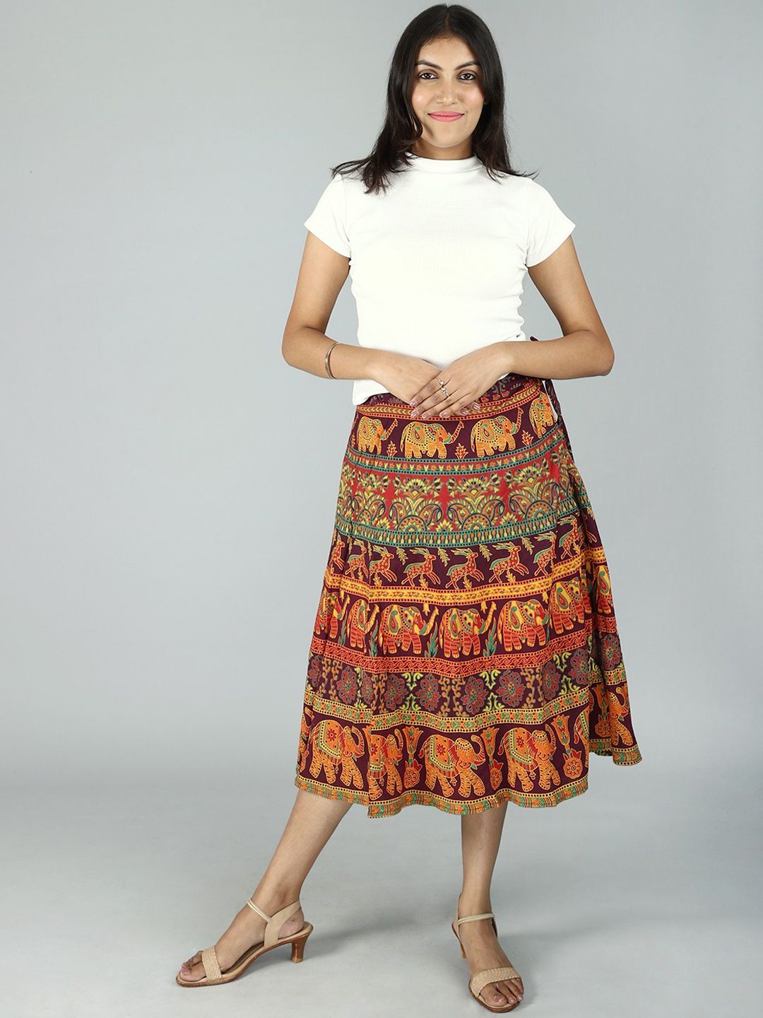 Mood Indigo Elephant & Deers Printed Wrap Around Skirt-8