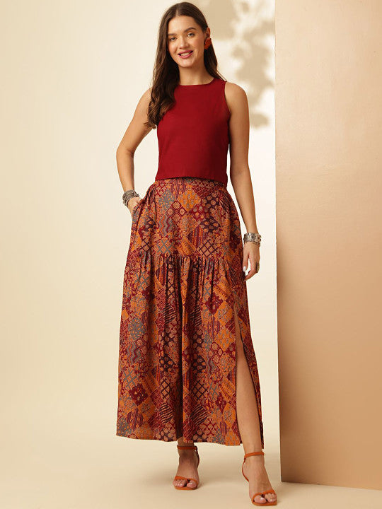 Maroon Boat Neck Sleeveless Pure Cotton Crop Top & Skirt-1