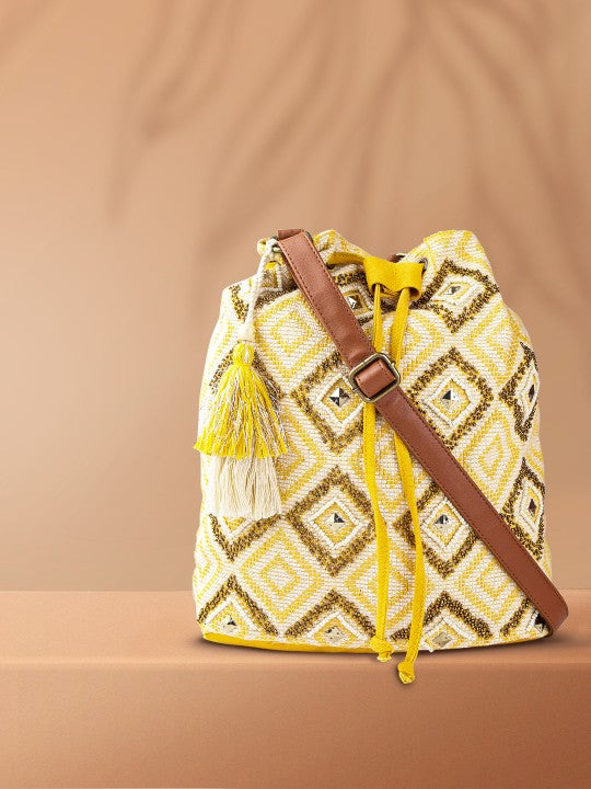 Women Yellow & Off-White Embellished Sling Bag-2
