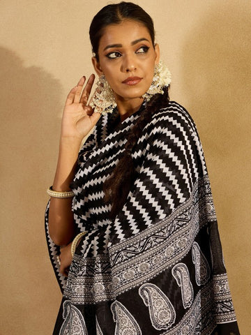 Black Ethnic Motifs Printed Pure Cotton Straight Kurta With Trousers & Dupatta