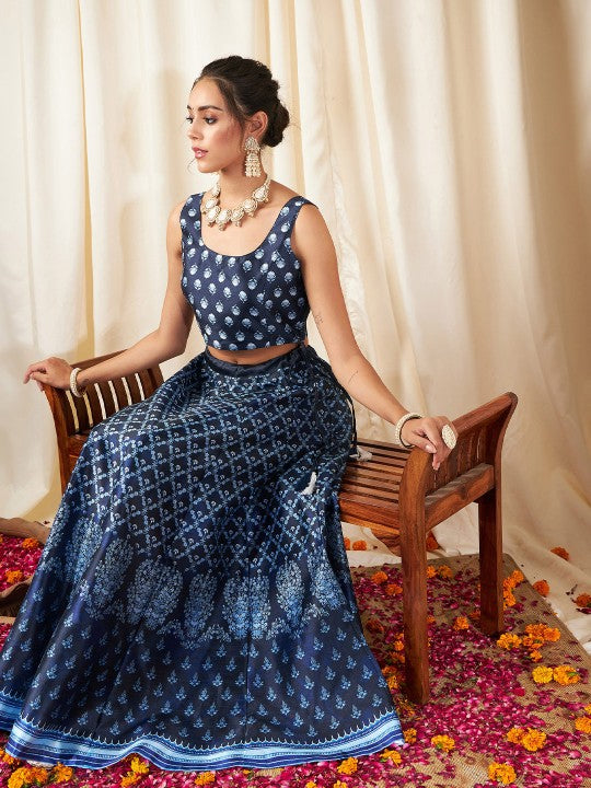 Women Deep Navy Blue Floral Skirt-6