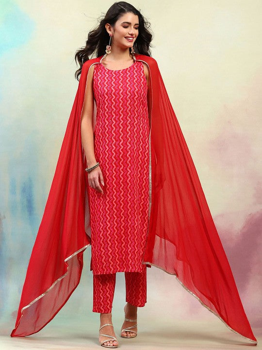 Geometric Printed Regular Straight Kurta with Palazzos & Dupatta-1