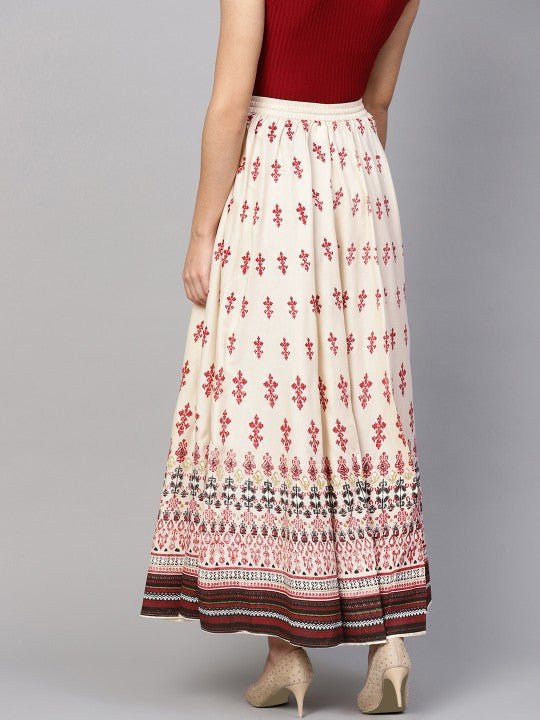 Cream-Coloured & Red Printed Flared Maxi Skirt-3