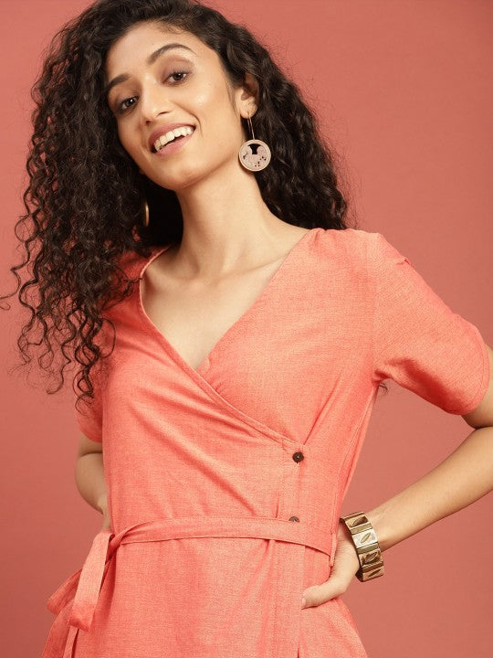 Orange Hand Block Print Legacy Angrakha Pure Cotton Dress with Tie-Up-3
