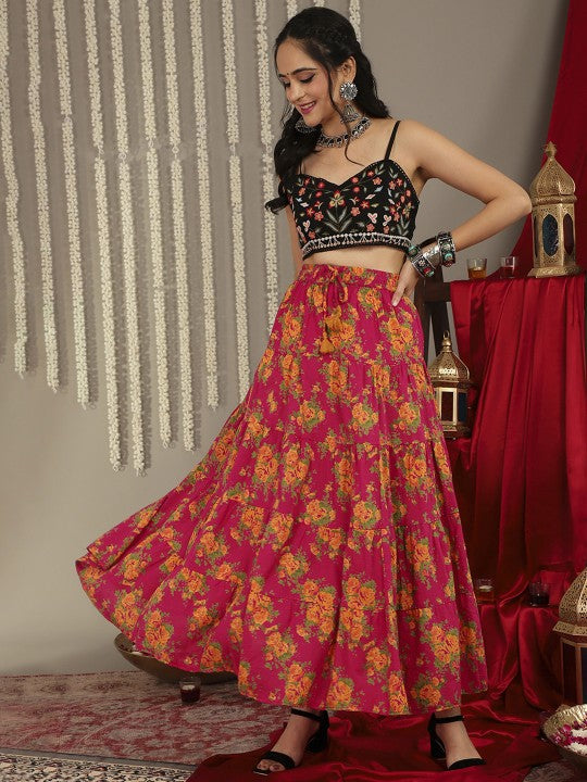 Women Pink & Mustard-Yellow Printed Tiered Skirt With Lace Detailing