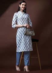 White & Blue Floral Printed Cotton Kurta Set