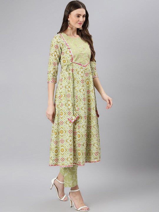 Women Green & Pink Printed Pure Cotton Kurta with Palazzos & Dupatta-4