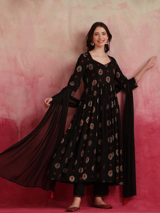 Ethnic Motifs Printed Anarkali Kurta With Palazzos & Dupatta-1